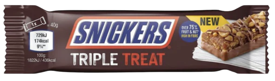 MARS TRIBLE TREAT SNICKERS FRUIT AND CHOCOLATE SNACK BAR 40G UK